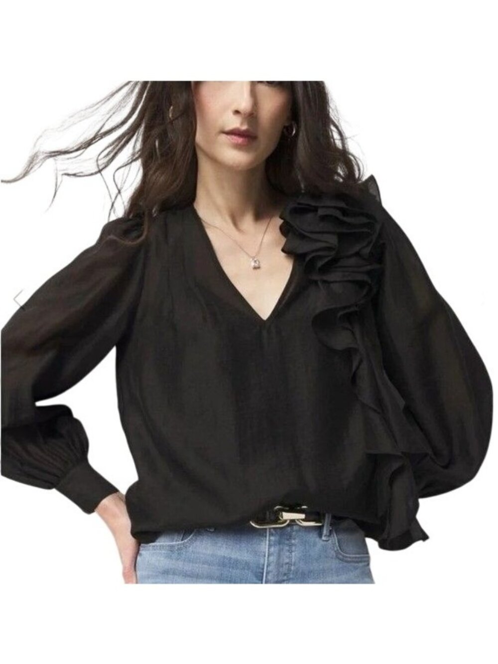 WHBM Black Ruffle Statement Blouse With Camisole Size 2 Long Sleeve V-Neck Chic